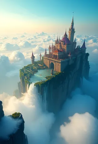 A majestic floating fortress with towering spires on a cliff above the clouds, surrounded by cascading waterfalls and a serene sky.