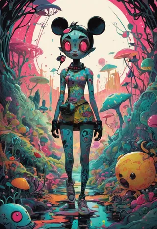 A surreal character with Mickey Mouse ears, vivid tattoos, and glowing red eyes walks through a colorful, psychedelic mushroom forest in a childish, painterly style inspired by Jamie Hewlett.