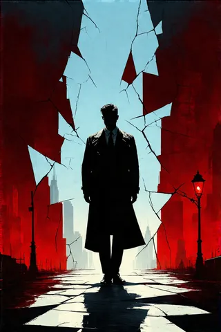 A dark silhouette of a man in a 1940s tailored suit and trenchcoat stands against a shattered, angular cityscape with red and blue tones, illuminated by a solitary streetlamp.