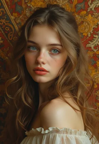 Close-up portrait of a young woman with light skin, striking light-blue eyes, and wavy light-brown hair, set against a rich golden tapestry background.