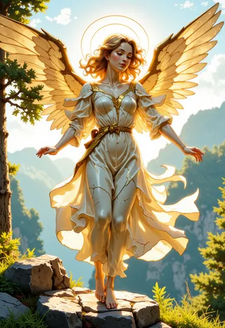 A radiant angel mid-flight with translucent alabaster skin mended with gold Kintsugi veins, golden wings spread wide under a glowing halo, standing on rocky terrain with a mountain background.