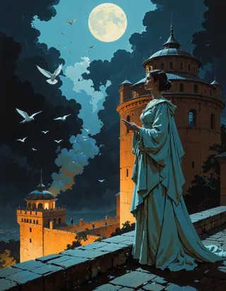 A lone singer in a flowing feathered gown stands on the Torre de la Vela at night beneath a full moon, summoning nightingales whose wings scatter iridescent dust over the fortress in a moody, oil painting-like scene.