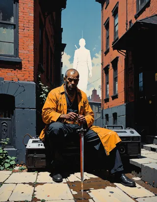 An aging Wu-Tang member in a tattered kimono sitting on a brownstone stoop sharpening a katana with a boombox beside him, and a ghostly samurai figure reflected in puddles nearby, set in gritty 90s NYC.