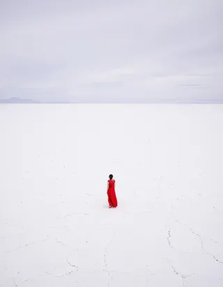 A woman in a vibrant red dress standing alone on a vast white cracked salt flat under an overcast greyish-lavender sky, viewed from behind, showcasing minimalist and cinematic style.