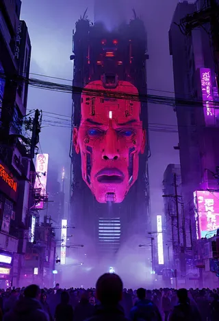 A colossal mechanical face with red LED elements towering over a foggy, neon-lit dystopian city street crowded with silhouetted pedestrians at night.