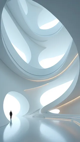 3D rendered monumental white interior featuring smooth curved forms, circular skylights, and a silhouetted human figure emphasizing scale in a minimalist design.