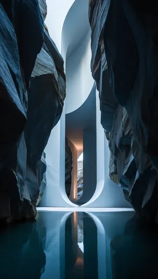 Surreal white architectural portal with curved and vertical elements in a dark rocky canyon, reflected symmetrically in calm water below.