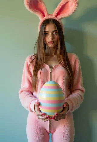 Girl wearing pink furry bunny ears and a pink furry overall costume holding a large pastel-striped Easter egg in her hands.