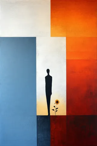 Minimalist abstract painting featuring a solitary black figure against cerulean and crimson gradient blocks, with a delicate sunflower at the base.