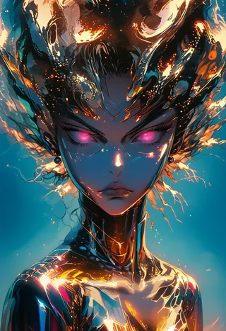 A futuristic anime-inspired woman with reflective chrome skin, glowing pink eyes, and intricate metallic features set against a vibrant, dynamic blue background with glowing light effects.