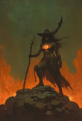 A powerful witch with a muscular figure stands on jagged rocks amidst flames, wearing a tattered robe and a witch hat, holding a wooden staff with a glowing circular symbol on her chest.