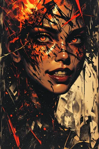 A striking upper body portrait of a gothic woman with vibrant orange and black abstract patterns overlaying her face, glowing eyes, and a sensual, sinister smile, depicted in a highly detailed charcoal drawing style with intense, vibrant colors and volumetric lighting.