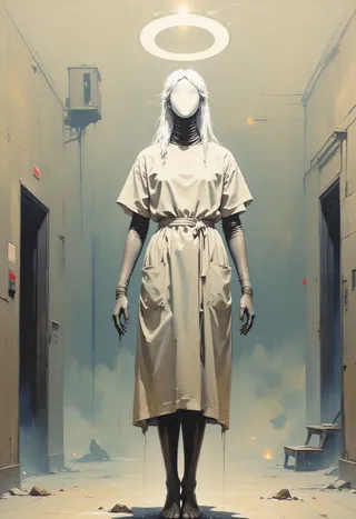 A floating barefoot figure in a hospital gown stands in a shadowy corridor, wearing a smooth featureless ceramic mask and a glowing static halo above the head.