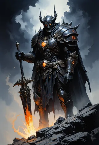 A towering death knight clad in intricate black armor with glowing fiery runes, holding a massive dark weapon on a desolate battlefield under a swirling, ominous sky.