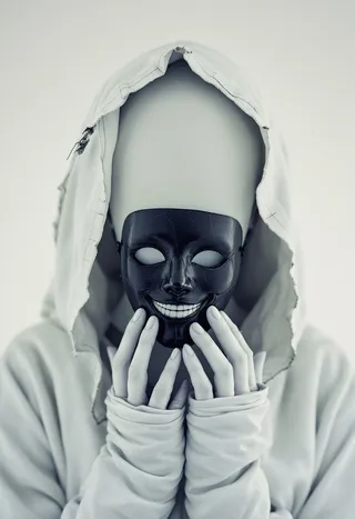 A faceless woman draped in a white hooded cloak holds a cracked black porcelain mask with a disturbing smile close to her invisible face, set against a stark white void.