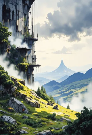 Serene mountain landscape with a grassy meadow lit by soft sunlight, featuring a towering cliff with greenery and mist, under billowing translucent clouds.