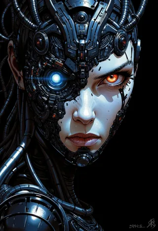 Portrait of a cybernetic queen with half her face covered in intricate dark cybernetic plating, a glowing blue optic lens on one side and an intense orange organic eye on the other, featuring tubes and metallic armor forming a technological crown.