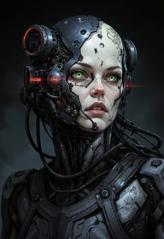 Portrait of a cybernetic queen with borg-inspired armor, featuring green glowing eyes, dark metallic plating, and intricate technological implants.