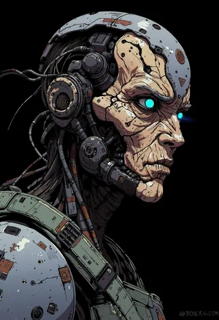 A detailed digital portrait of an aged female matriarch with cyberpunk augmentations, featuring worn mechanical plating, glowing blue eye, and rugged Terran-style cybernetics.