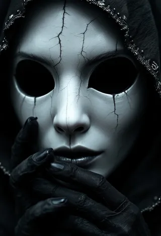 Close-up of a faceless woman wearing a dark hood, with cracked porcelain mask-like features and black gloves touching her face.