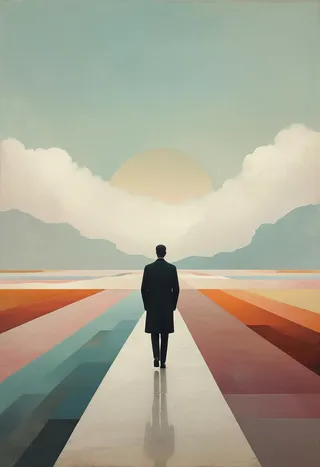 A faceless silhouette walks down a path in a surreal landscape with muted colors, abstract fragmented fields, and a poetic, melancholic atmosphere.