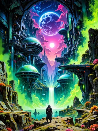 A hyper-realistic alien spaceport with dome-shaped hangars and landing platforms set in a vibrant jungle under a glowing galactic nebula at night, featuring a lone alien mercenary in the foreground.
