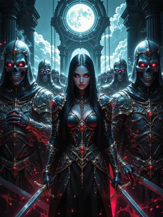 A dark fantasy scene featuring a female necromancer with glowing red eyes, standing in front of a formation of skeletal knights clad in ornate armor, beneath a full moon and gothic arches.