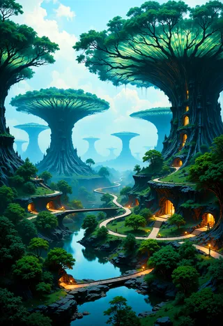 A serene futuristic landscape featuring towering, bioluminescent trees with organic shapes, winding river pathways, and illuminated cave dwellings surrounded by lush greenery under a soft blue sky.
