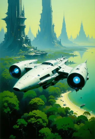 A sleek white futuristic spacecraft with glowing blue engines flying low over a green island with a sandy beach, with towering metallic skyscrapers in the background.