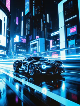 Sleek black tron-style hypercar with glowing blue wheels and headlights streaking through a neon-lit futuristic cyberpunk city under a sharp dutch angle.