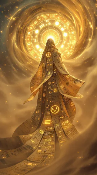 A figure clad in an endless robe covered in glowing ancient glyphs and papyrus, standing before a spiraling luminous glyph circle, swirling desert sands around.