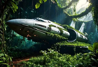 Photorealistic depiction of a crashed spaceship buried in an alien jungle, overtaken by roots and hanging vines, surrounded by dense greenery and illuminated by natural light beams.