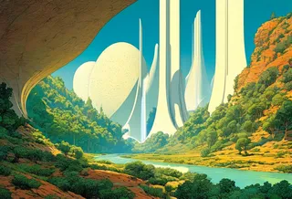 A vivid river valley landscape featuring towering white concrete alien buildings with graceful curves, surrounded by lush vegetation and intense colors in Moebius style.