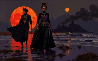 Dark-toned, surreal painting of a Victorian female chieftan dressed in punk style jewelry walking through eldritch wetlands at night, with a large red moon and industrial smoke in the background.