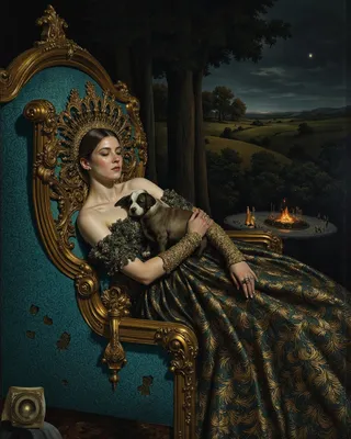 Dark-toned impasto painting of a saintly, mature Edwardian goth woman in an ornate gown holding a sleeping dog, seated on a gilded throne against a night-time Italian countryside with a distant circus Big Top.