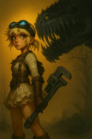 Héroïne dieselpunk post-apocalyptique aux cheveux blonds courts et lunettes d'aviateur tient une grande clé à molette, se tenant avec défi devant un énorme dragon biomécanique squelettique sous un crépuscule doré.