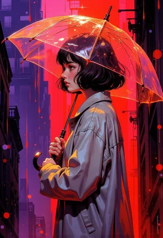 Dreamlike abstract portrait of a girl holding a translucent umbrella in red rain, wearing a faintly glowing silver coat, set against a deep midnight purple geometric cityscape.