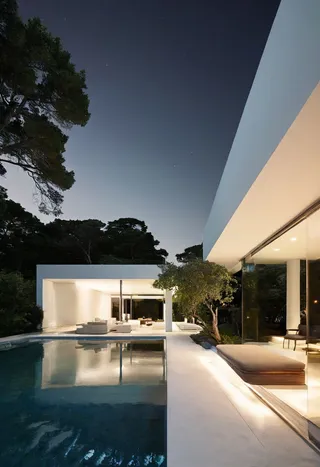 Modern two-story house with white exterior walls, outdoor pool, minimalist interior furniture, illuminated at night surrounded by trees.
