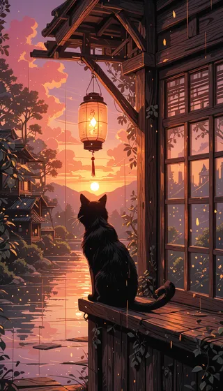 A black cat sits on a wooden porch of a Japanese-style house, gazing at the glowing lantern and vibrant sunset over a peaceful garden and river landscape.