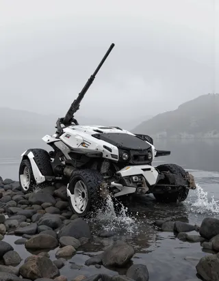 A futuristic armored vehicle featuring a sleek white and black design with a large gun mounted on top, splashing water as it moves on a rocky shore with a misty, foggy background.