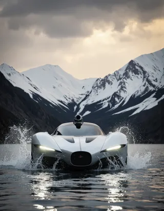 Silver futuristic car with aerodynamic design driving through water in a mountainous landscape with snow-capped peaks and a cloudy sunset sky.