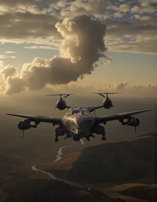 Photo-realistic image of a futuristic military helicopter with four twin-rotor engines and a sleek, angular body flying over a vast landscape with a winding river and dramatic clouds at sunset.