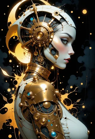 Side profile of a futuristic steampunk cyborg woman with golden mechanical parts and robotic elegance, set against a dramatic dark background with golden splashes.