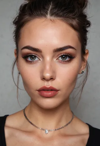Close-up photorealistic portrait of a stylish hipster girl with expressive lips, defined jawline, almond-shaped eyes, and a delicate necklace.