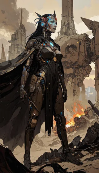 A cybernetic empress stands tall in a post-apocalyptic cityscape, wearing a futuristic metal crown with glowing neon circuits and sleek mechanical prosthetics, with a dark nano-fiber cape fluttering behind her amidst ruins and fire.