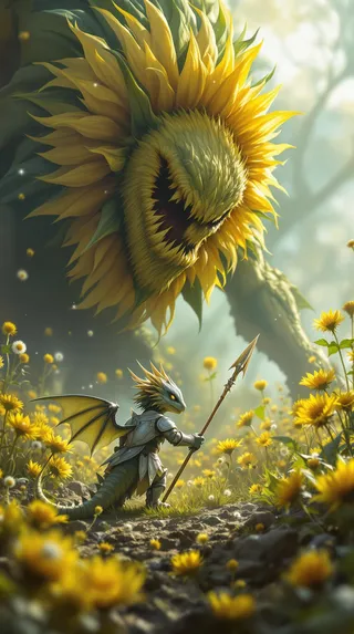 A small dragon knight in silver leaf armor wielding a dandelion lance confronts a giant angry sunflower in a richly textured, cinematic fantasy setting.