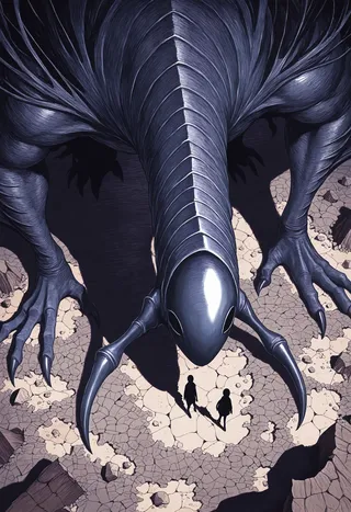 Close-up top-down view of a giant eldritch monster with faceless features, shadowy black eyes, and claws on broken terrain with two small human silhouettes.