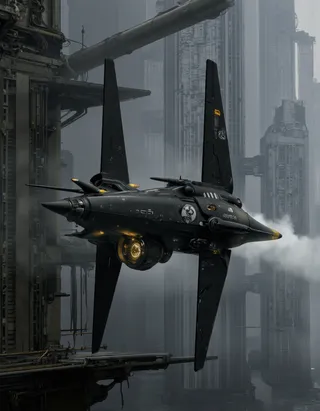 A sleek black futuristic spaceship flying through a foggy sci-fi cityscape with tall metallic skyscrapers and glowing yellow lights.