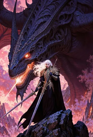 A pale-haired gothic sorceress clad in detailed black and gold armor wielding a rune-inscribed sword, standing on rocky terrain before a colossal obsidian dragon with glowing crimson eyes, set against a pink and purple ethereal sky.