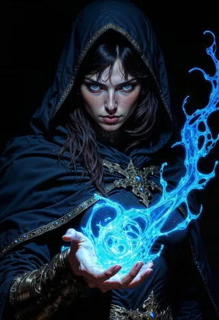 A woman with piercing eyes in a dark hooded cloak conjuring luminescent blue swirling water-like energy from her hand.